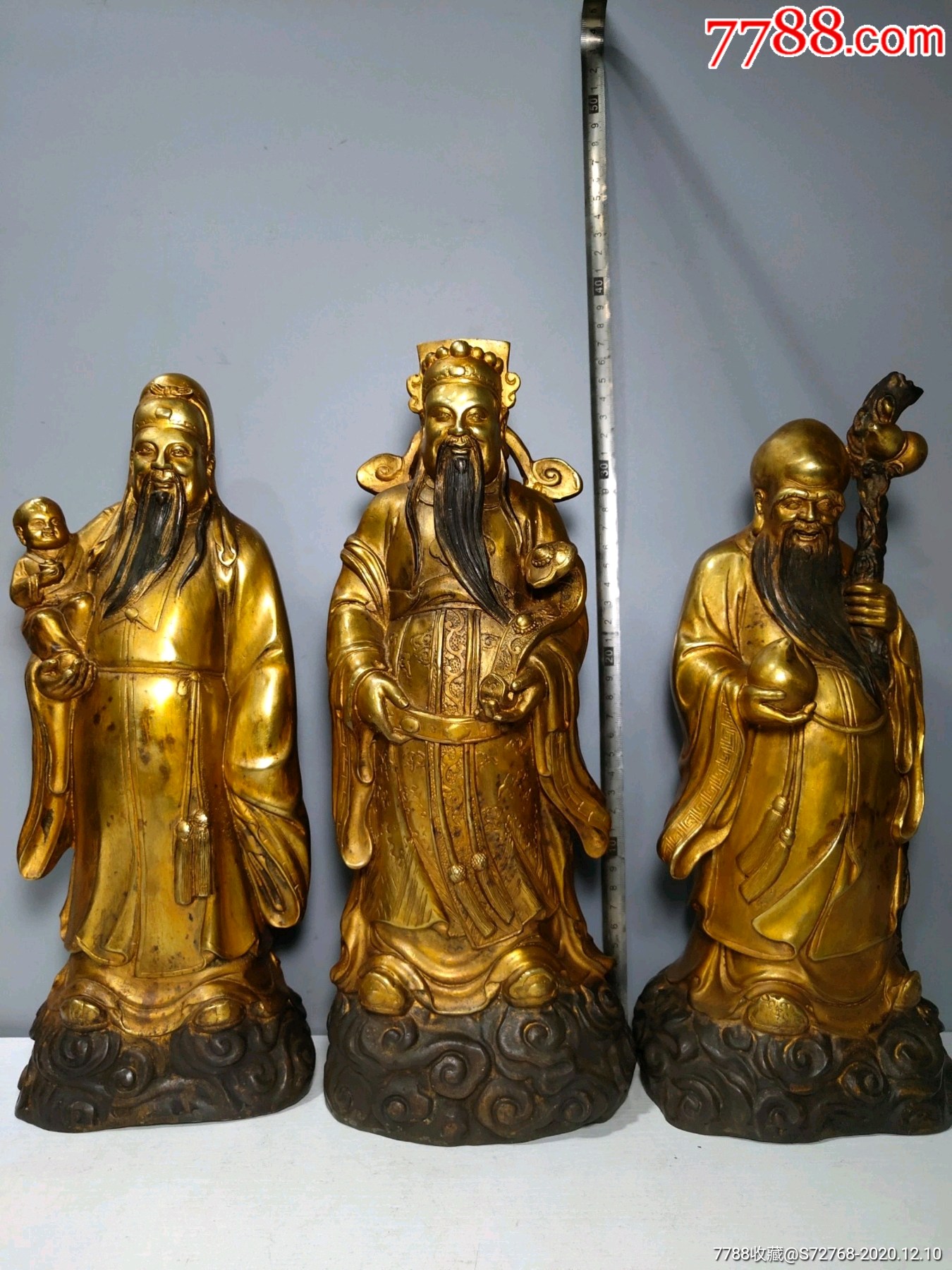 旧藏纯铜鎏金佛像福禄寿三星三尊一套恭请供奉佛像大摆件-铜像/铜佛像