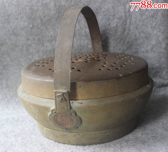 民国老黄铜双喜字炭烧脚炉炭炉暖手炉暖脚炉2913厘米zz3041
