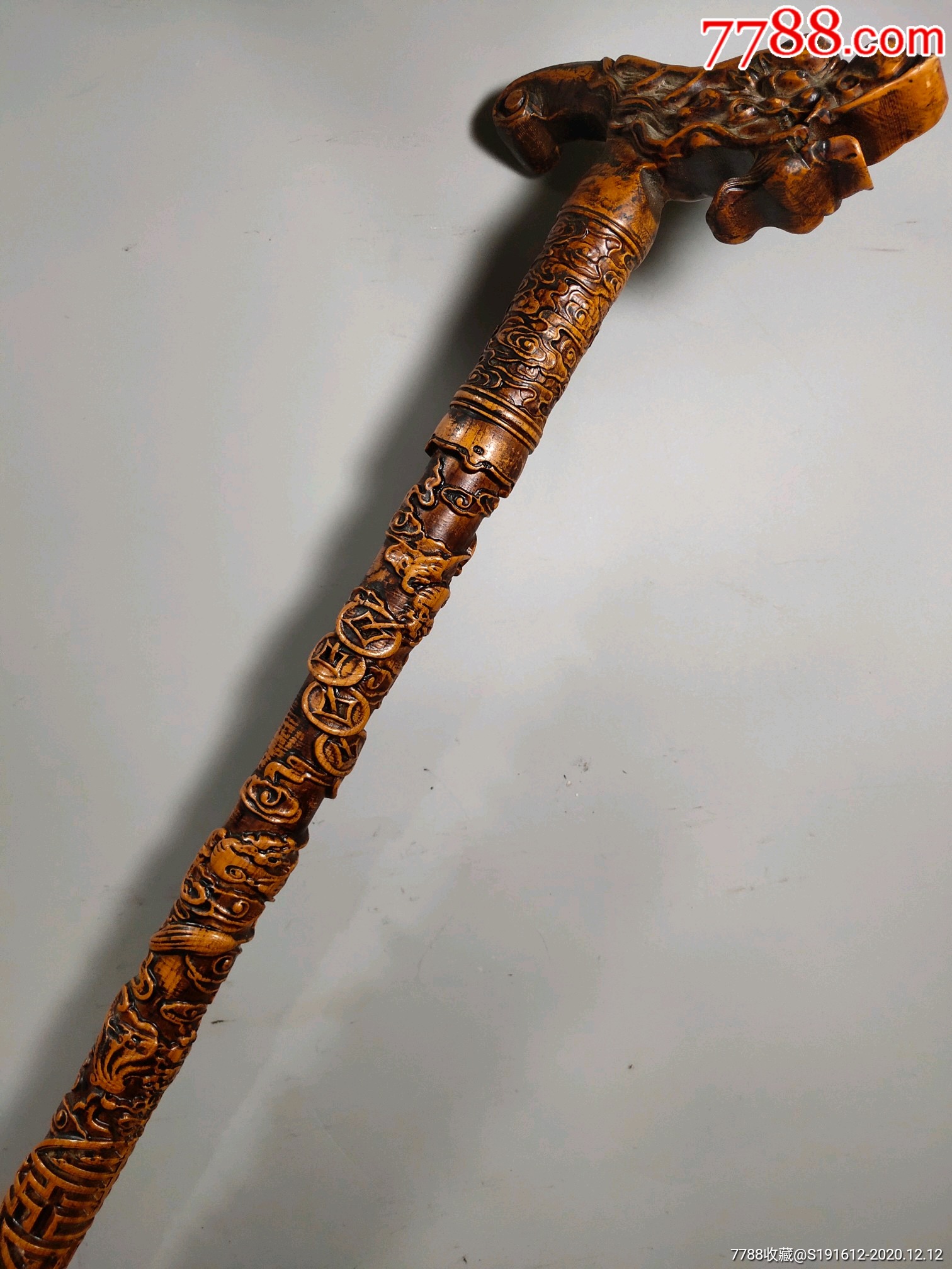 旧藏桃木拐杖老桃木纯手工雕刻【五福临门】祥云龙头拐杖直径长88厘米