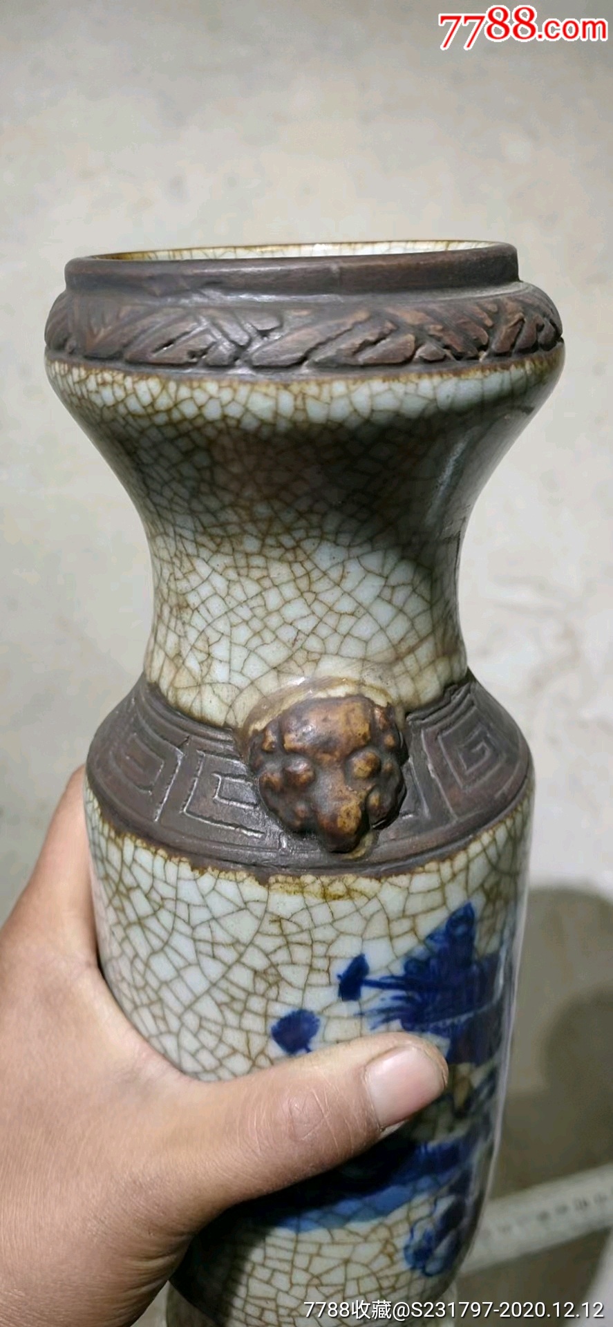 成化哥釉青花人物兽耳瓶-青花瓷-7788瓷器