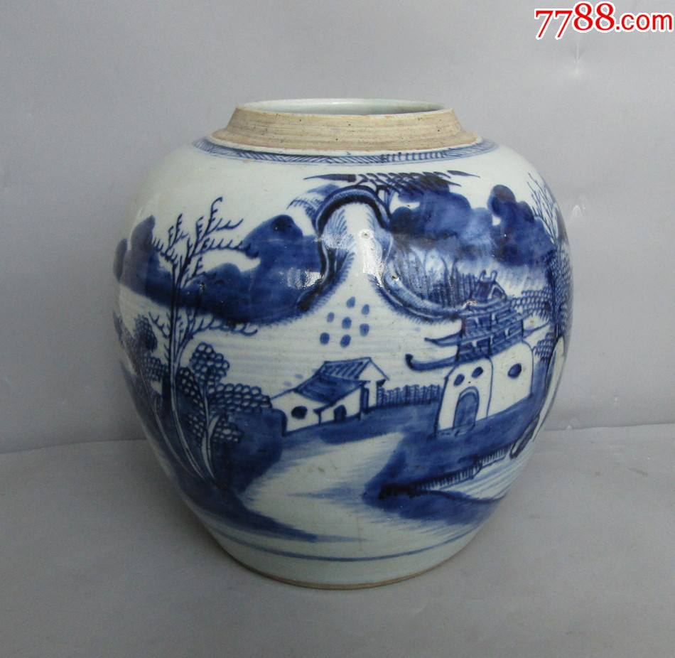 清乾隆青花山水人物大罐