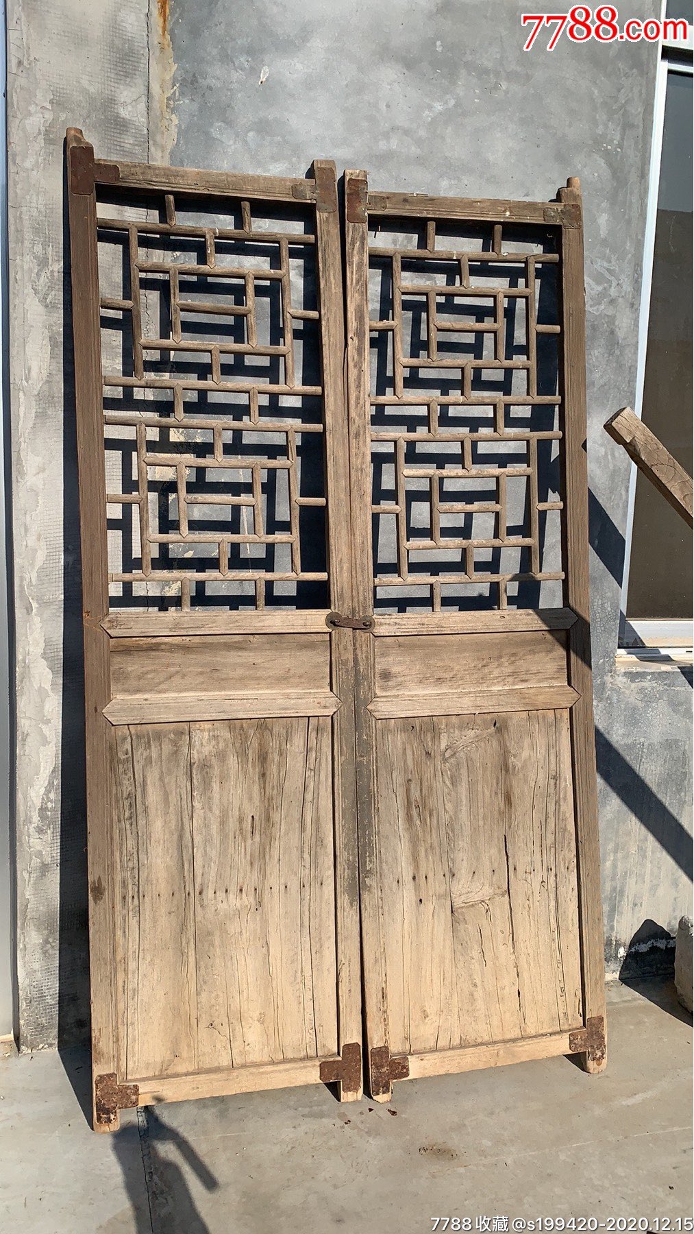 老花格门一对楠木高190厘米单宽53厘米老铁艺加固完好无损漂亮包老