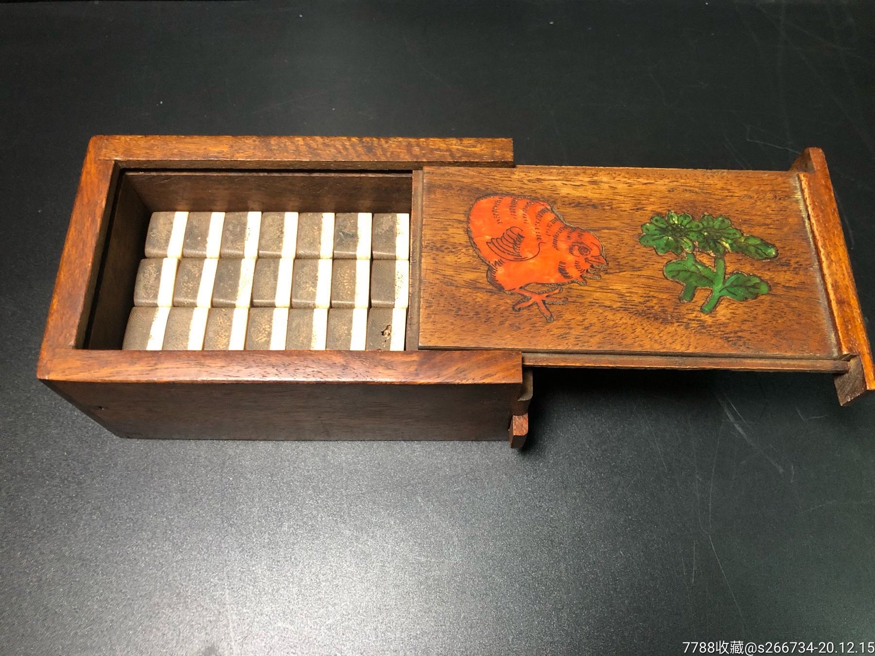 花梨木机关盒晚清竹骨牌九一套?包浆皮壳一流,几近玉化单牌尺寸