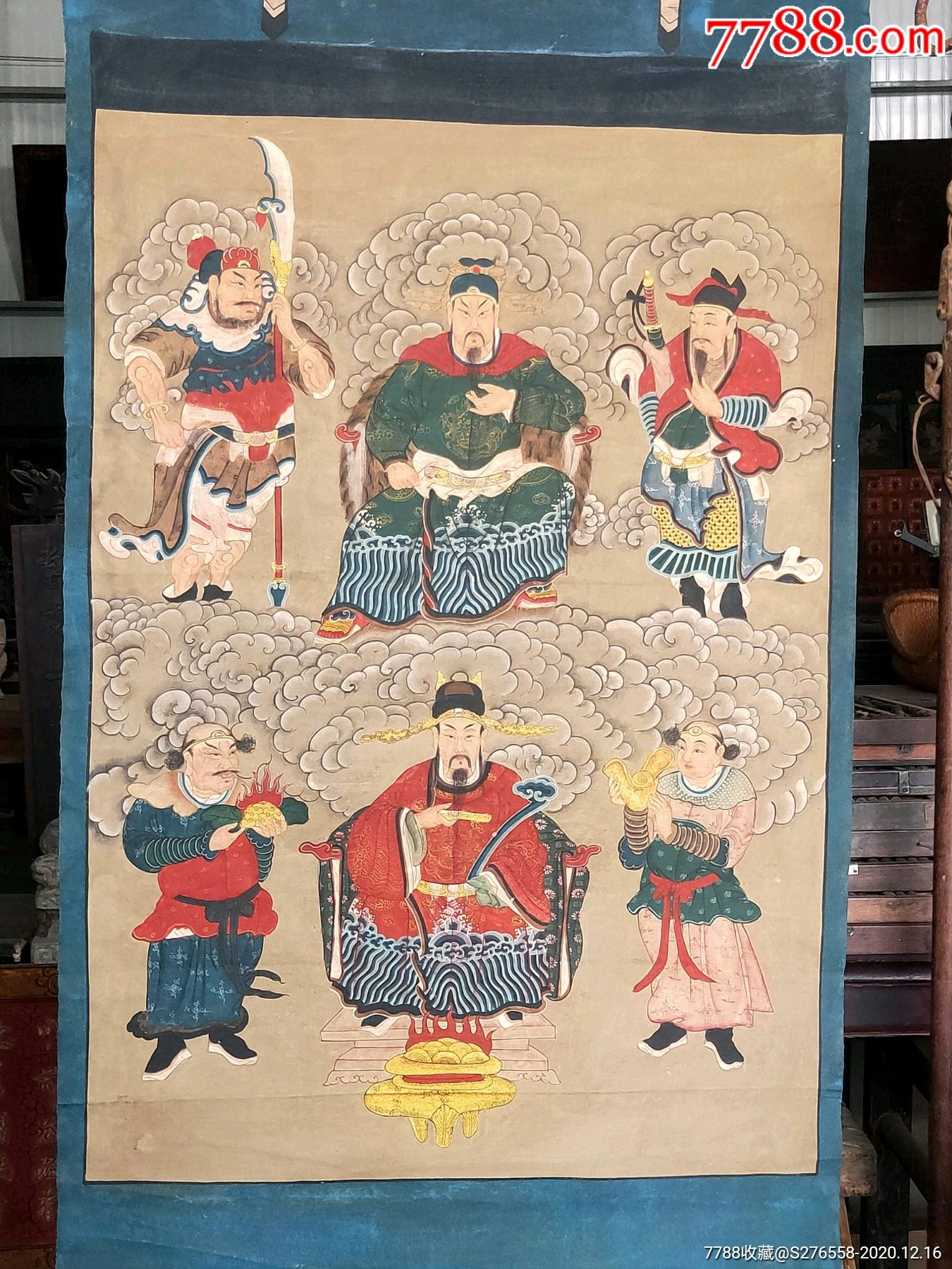 清代精品纯手绘老粗布五彩描金文武财神画像一张画工精湛人物细