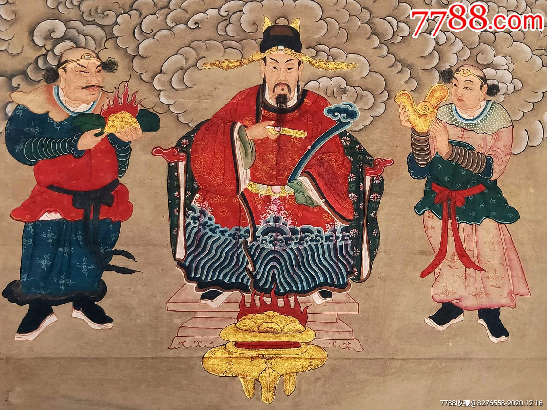 清代精品纯手绘老粗布五彩描金文武财神画像一张画工精湛人物细