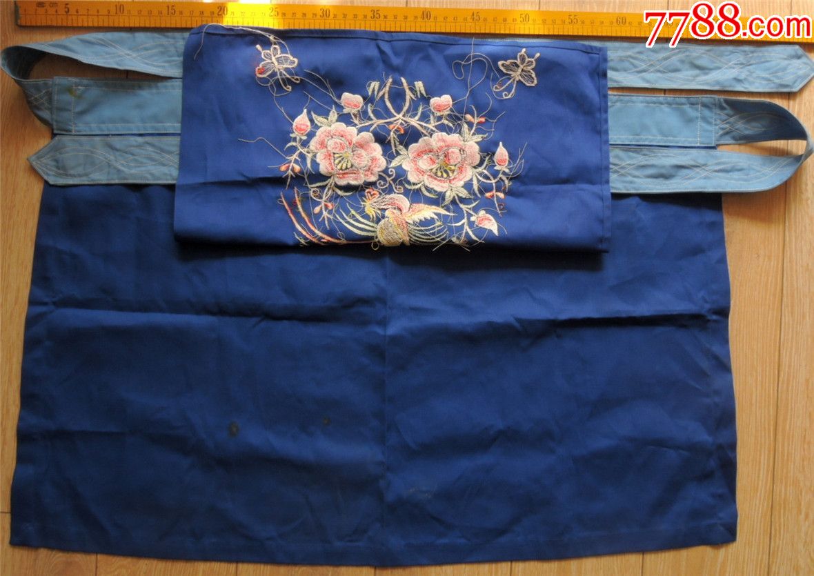 刺繡收藏2012邊疆早期手工繡鳳穿牡丹陰丹藍布雙層圍裙圍腰