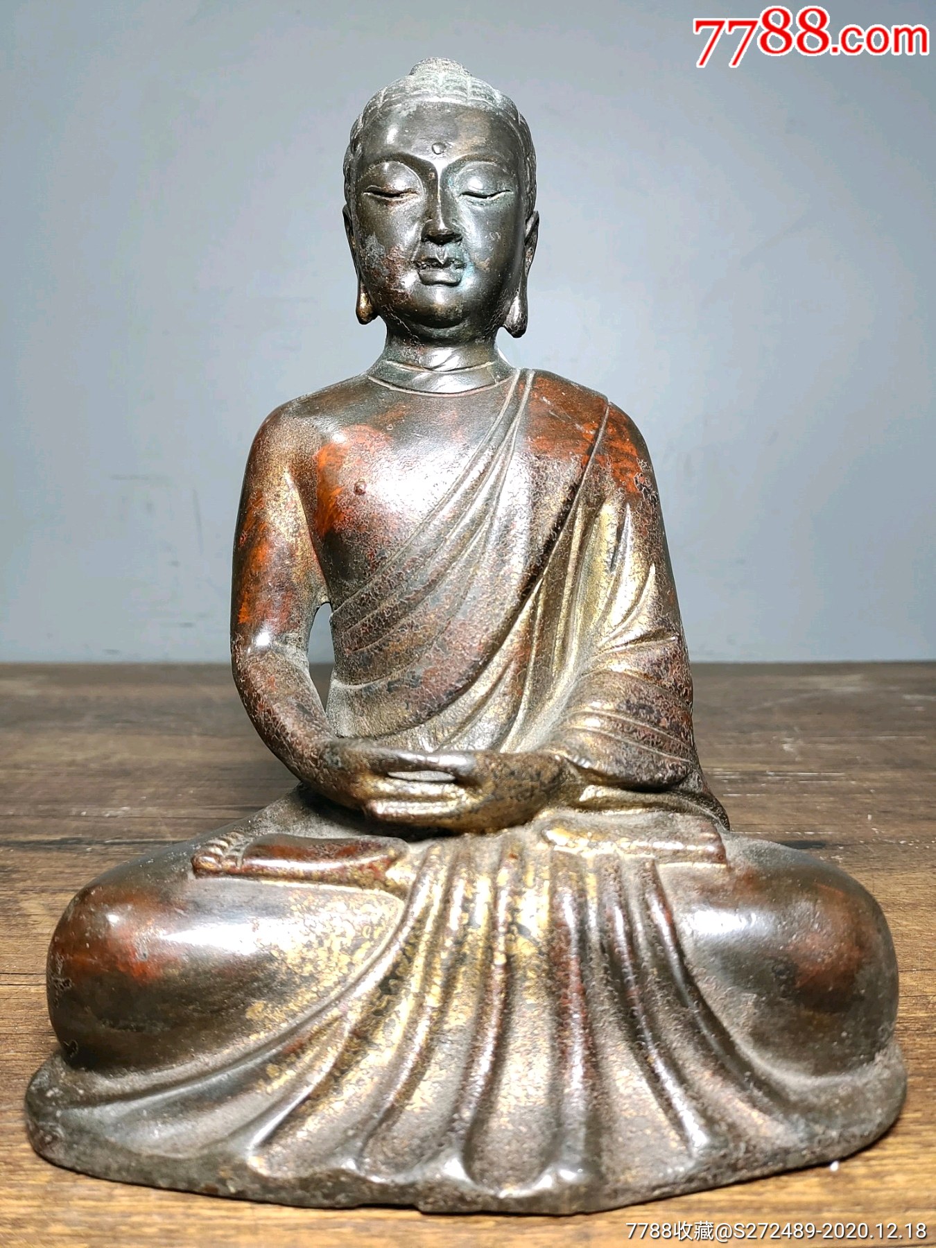 首页 零售 铜像/铜佛像 >> 老铜胎泥金开光撒朱砂佛像释迦牟尼佛.