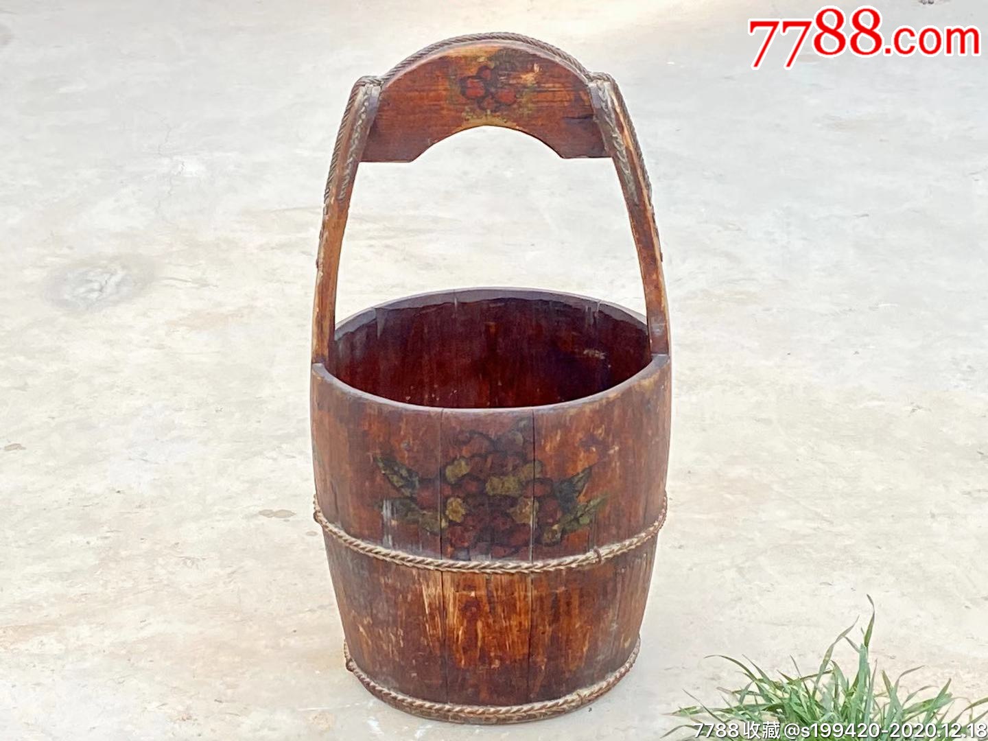 清代柏木小木桶纯手工彩绘花卉图案包浆浑厚包老保真