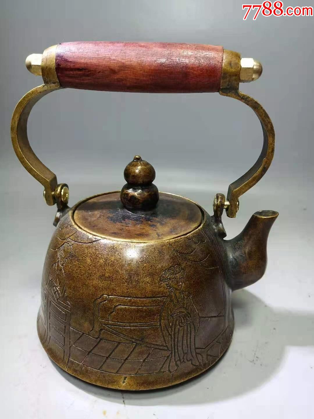 老黄铜纯手工雕刻仕女手提握把茶壶包浆一流