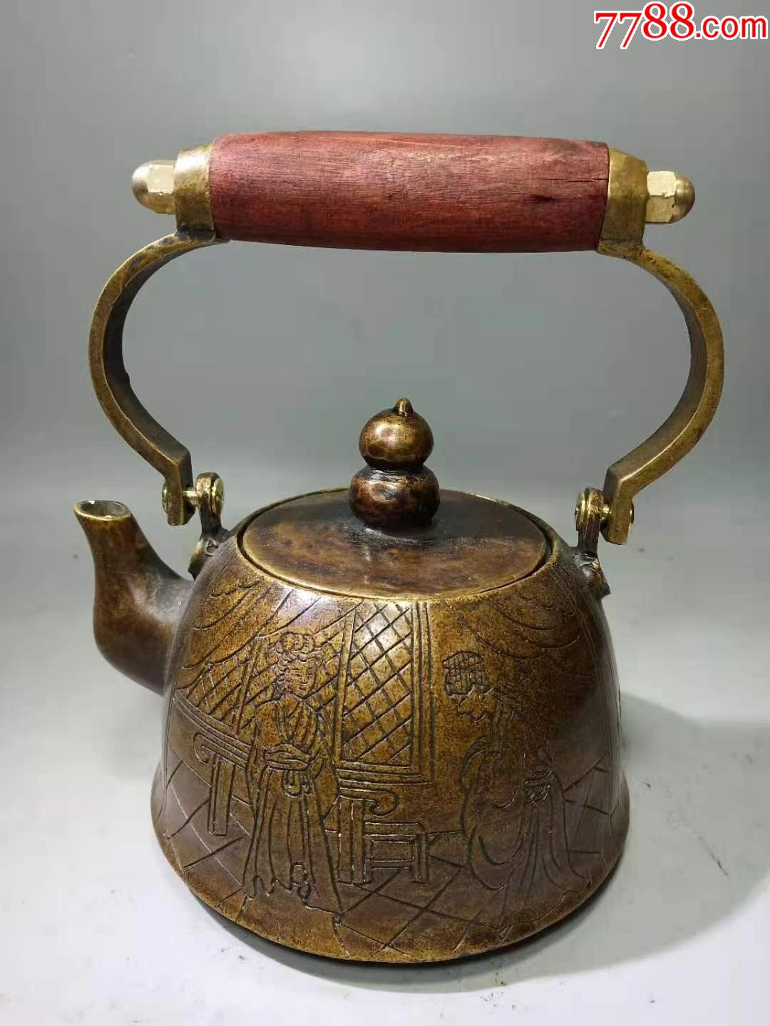 老黄铜纯手工雕刻仕女手提握把茶壶,包浆一流
