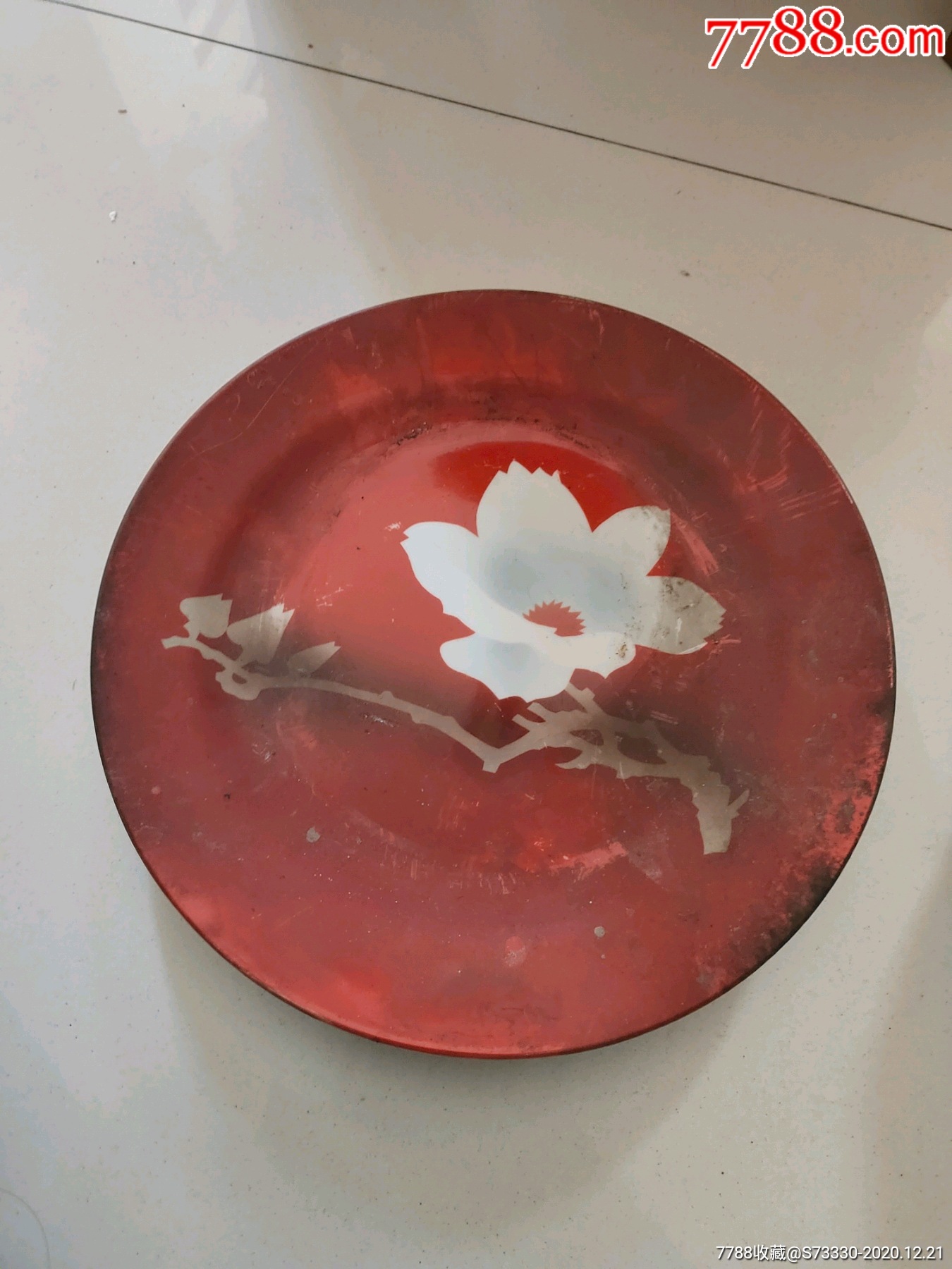 中国唐山大号红底花卉盘子一只