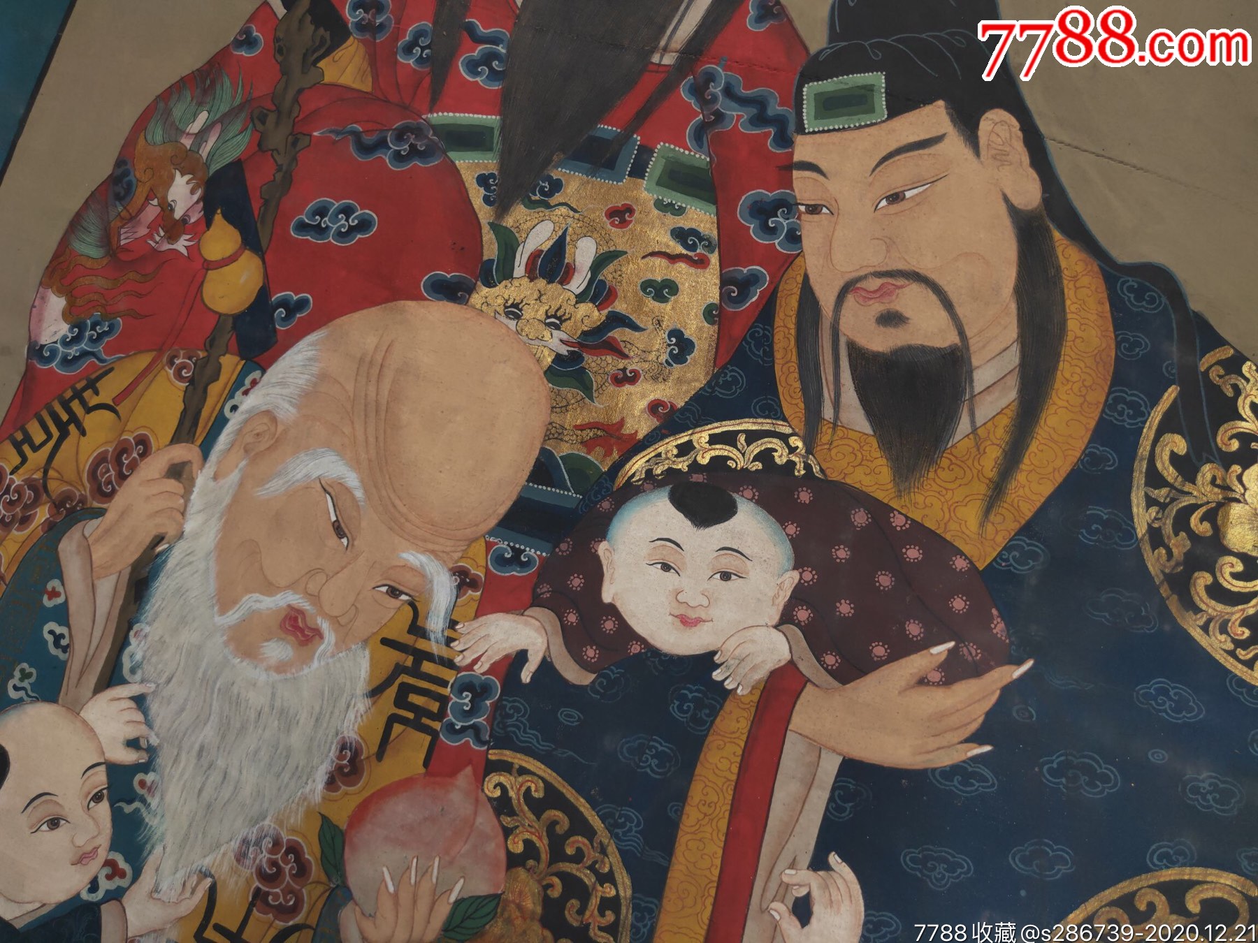 清代精品老粗布纯手绘五彩人物五童子给福禄寿三星拜寿俗称五