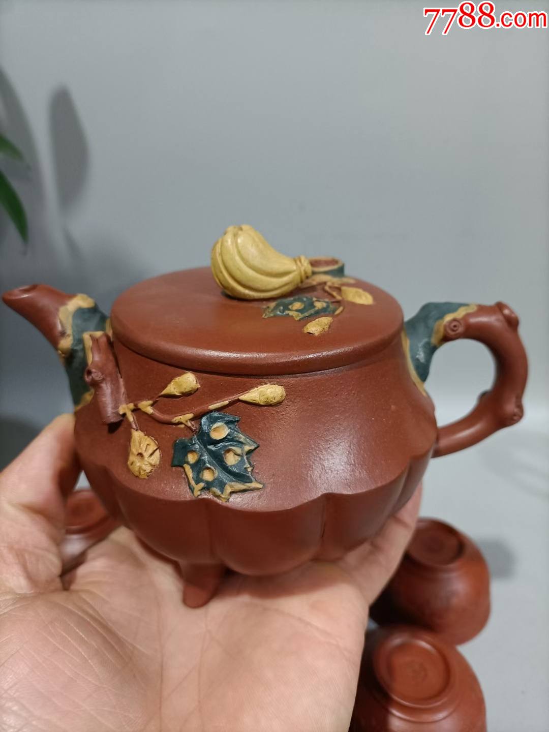 六十年代紫砂大师蒋蓉制,原矿红泥南瓜型紫砂茶具一套,一壶六杯,送