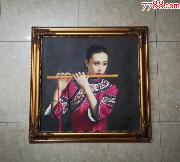 笛子姑娘*非常漂亮精美的手绘旧油画