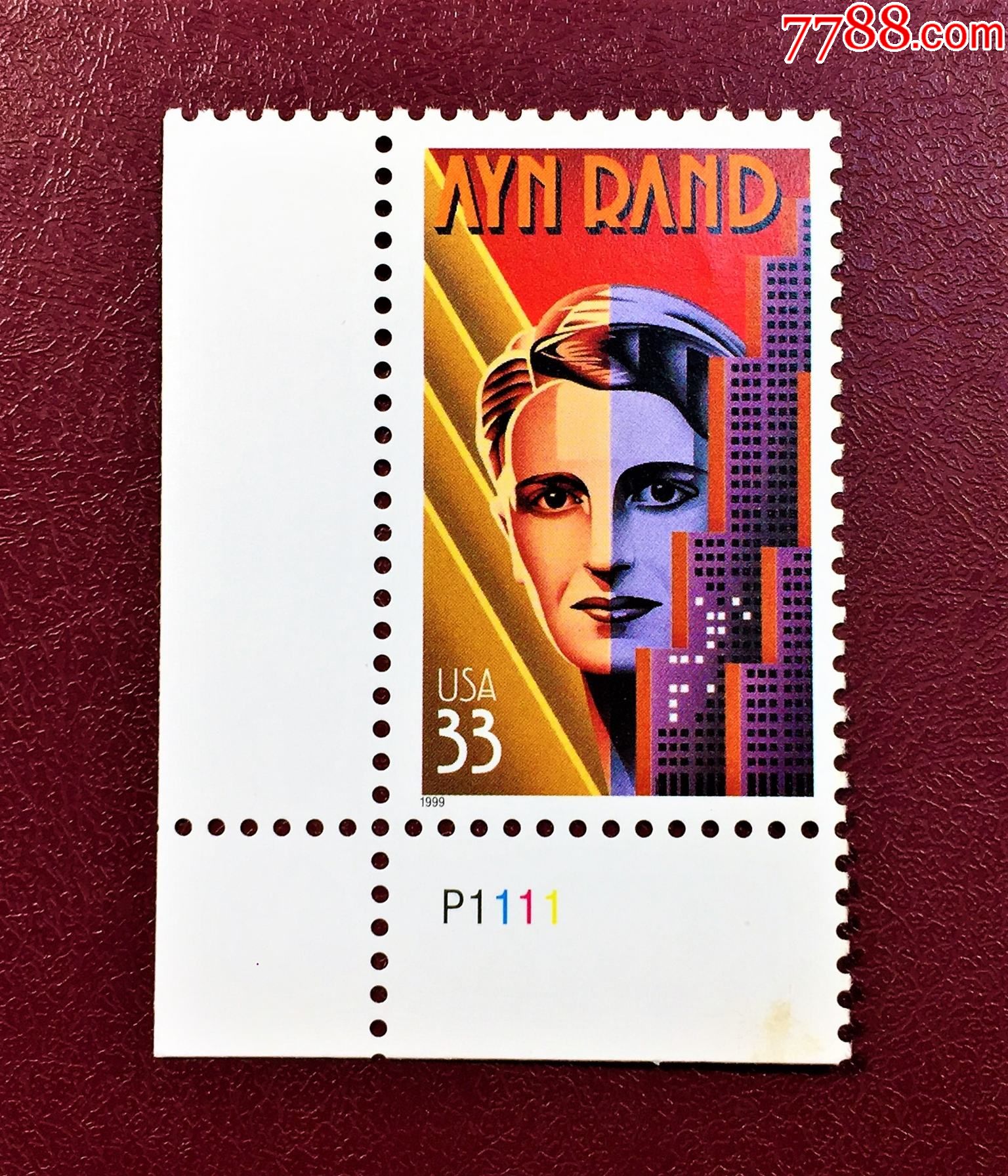 美国1999年发行美国最有影响力作家艾茵·兰德左下直角边色标票(原胶