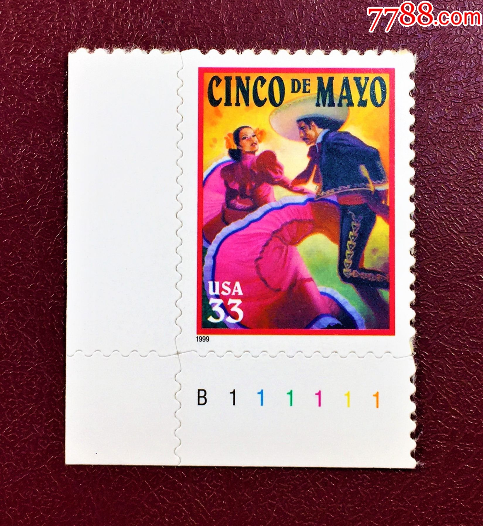 美国1999年发行歌舞剧cincodemayo左下直角边色标票(不干胶)_美洲邮票