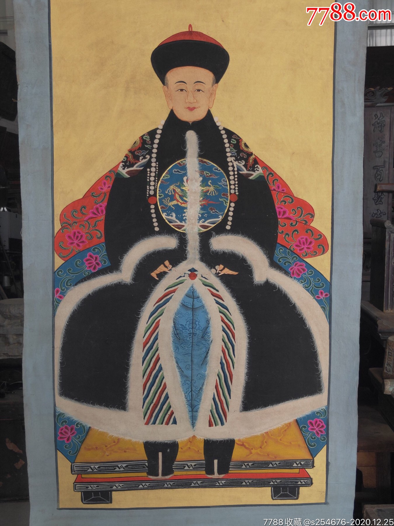 民国精品纯手绘老粗布五彩描金大清十二帝画像之末代皇帝宣统帝全品满