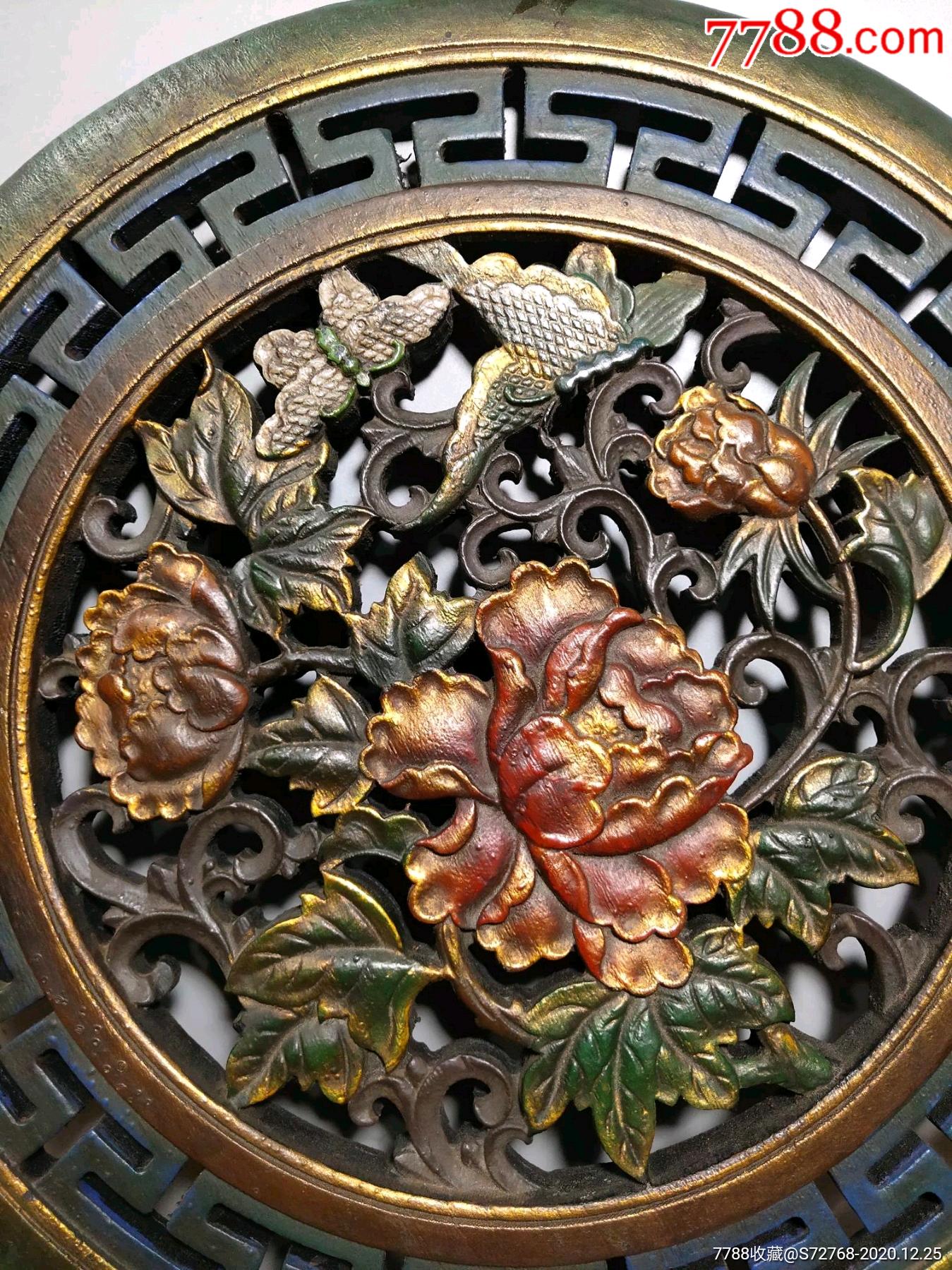 旧藏老香樟木挂屏纯手工彩绘镂空雕刻【花开富贵】漆器挂屏挂匾招财