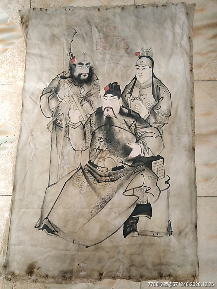 清代绢本关公夜读春秋手绘年画一张,大幅尺寸120*80cm