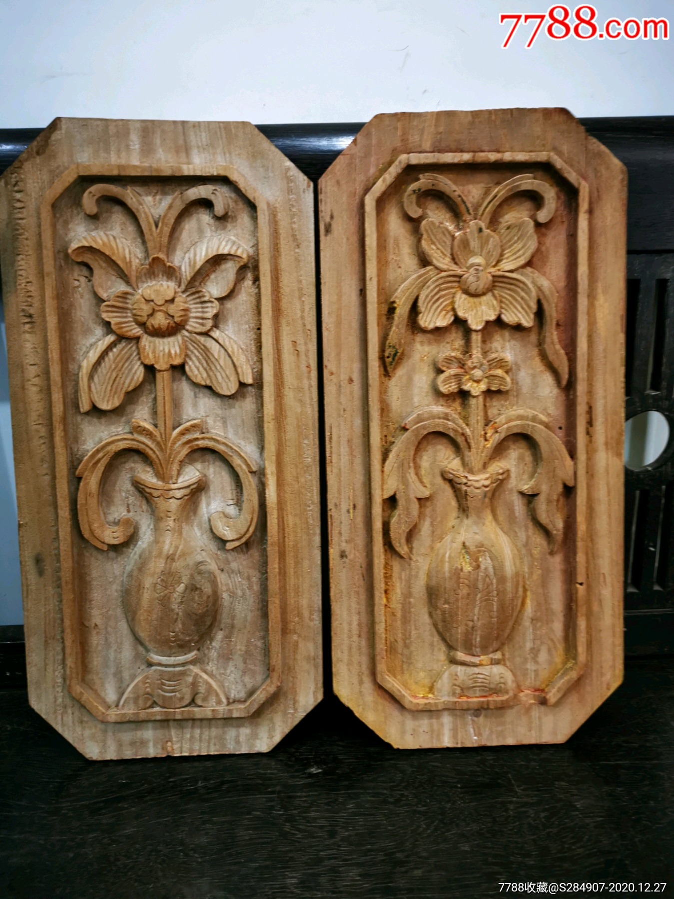 清代川工浮雕平安富贵花板一对