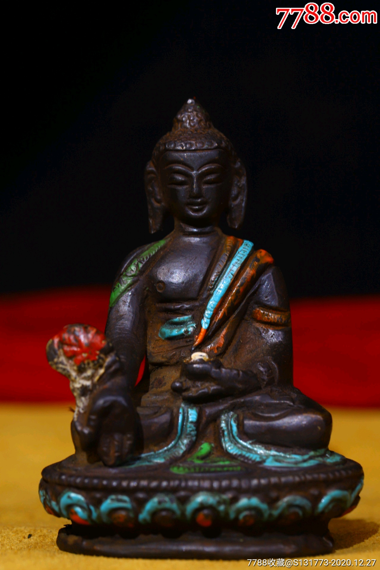 藏地铜胎描彩药师佛佛像铜胎纯手工敲打錾刻描彩药师佛高8宽6㎝重约