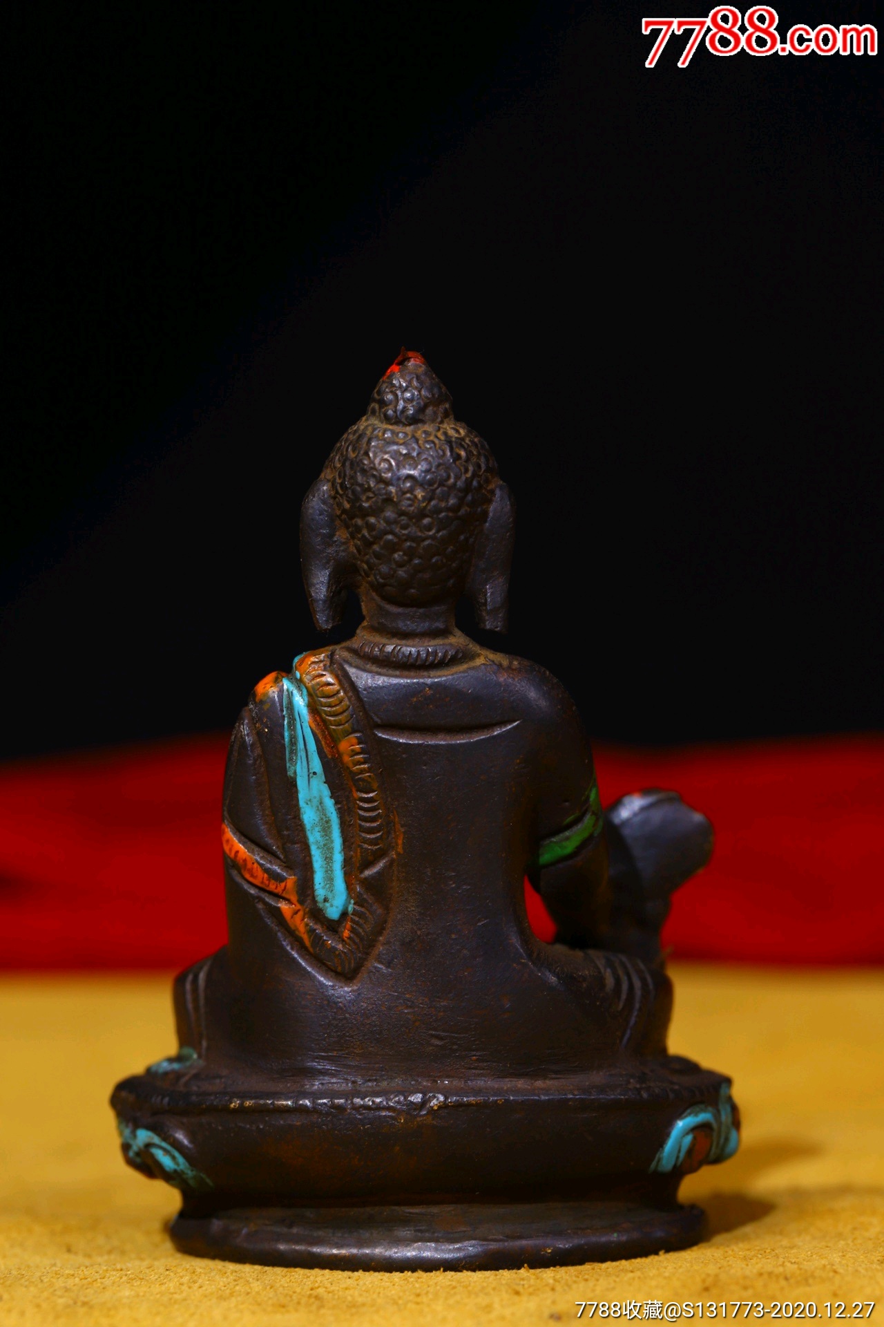 藏地铜胎描彩药师佛佛像铜胎纯手工敲打錾刻描彩药师佛高8宽6㎝重约