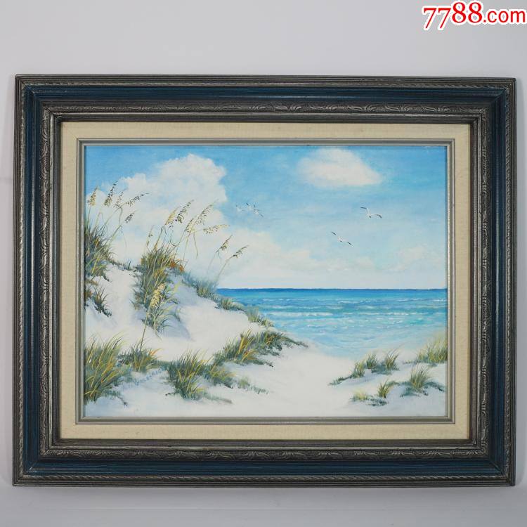 西洋收藏德国手绘老油画海边雪后美景带签名画木框原装原裱