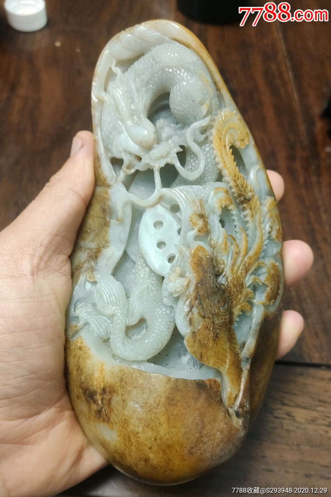 和田玉原石手工雕刻龙凤呈祥摆件