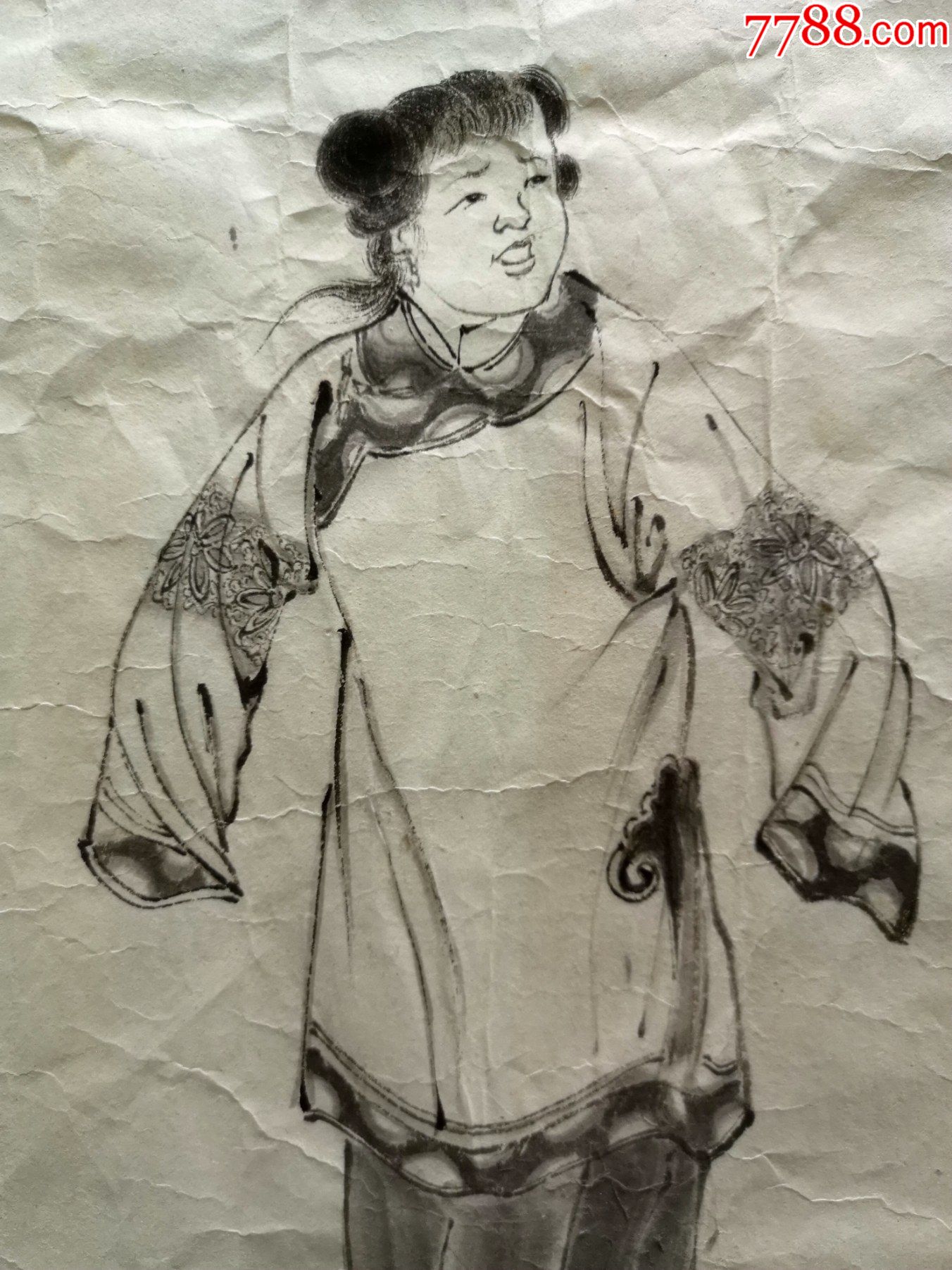 90年代左右宣纸工笔白描清代人物画稿喝茶的女子等3张合售