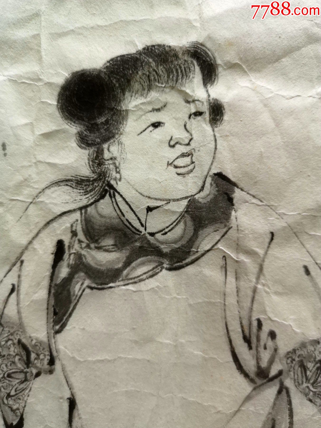 90年代左右宣纸工笔白描清代人物画稿《喝茶的女子》等3张合售