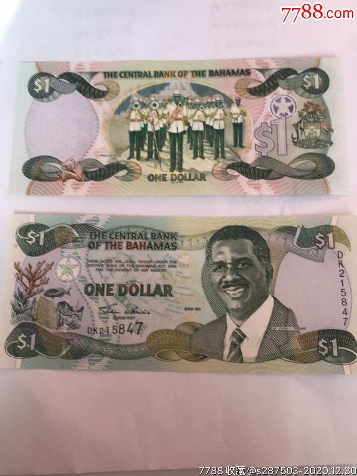 美州全新unc巴哈马1元镑2001年外国钱币