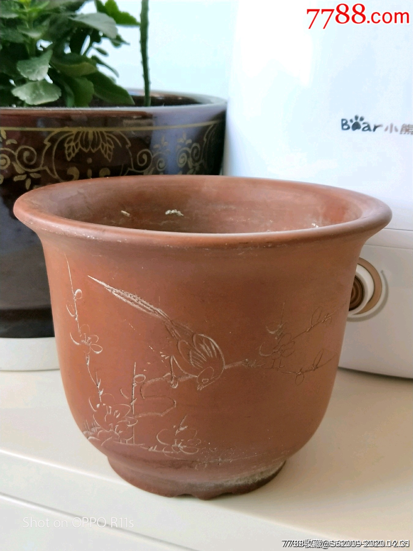 六七十年代全品喜鹊登梅纹紫砂花盆_古玩于的店【7788烟酒茶牌】