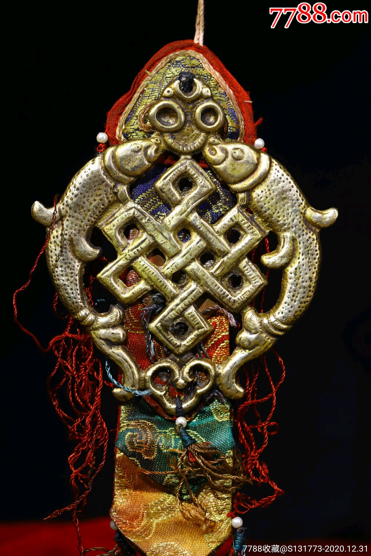 藏地吉祥挂饰双鱼吉庆挂件铜胎纯手工敲打錾刻经幡纯手工工缝制双鱼