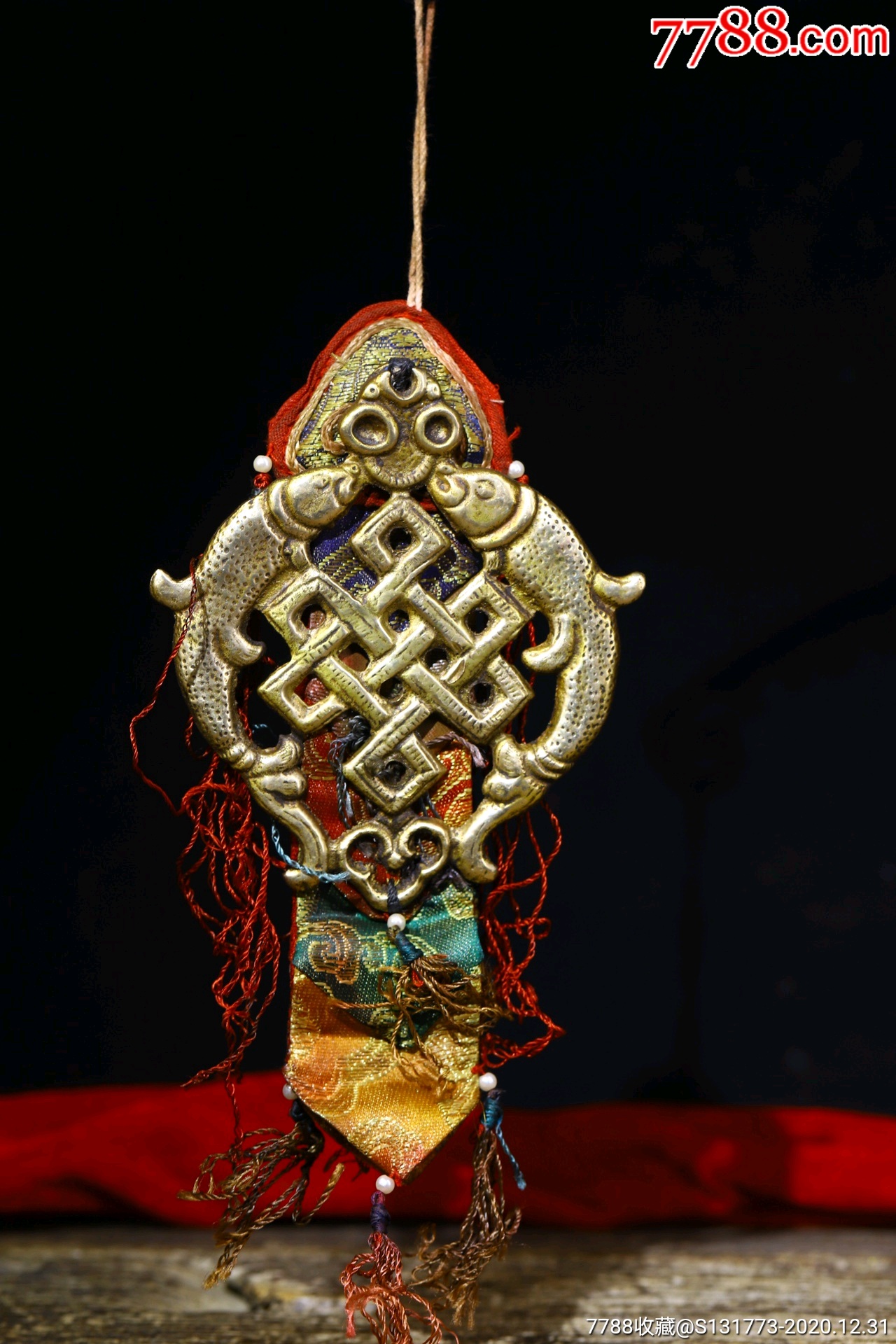 藏地吉祥挂饰双鱼吉庆挂件铜胎纯手工敲打錾刻经幡纯手工工缝制双鱼