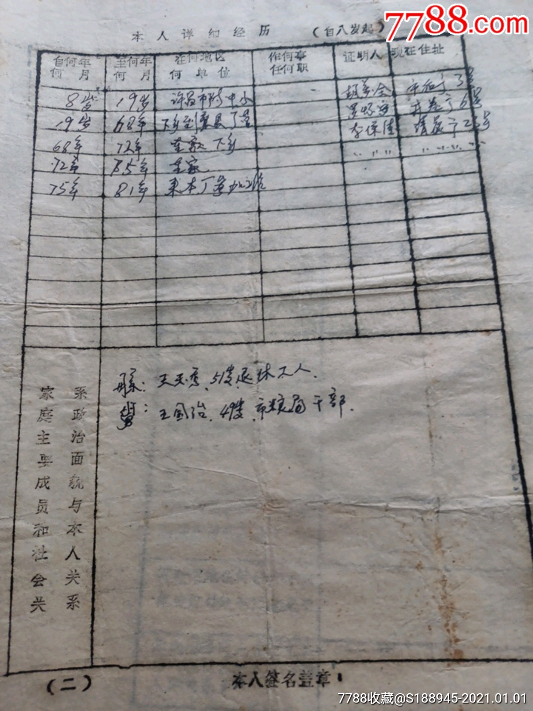 许昌市粮食局系统:下乡丶留城丶回乡知识青年招工《干部职工登记表》