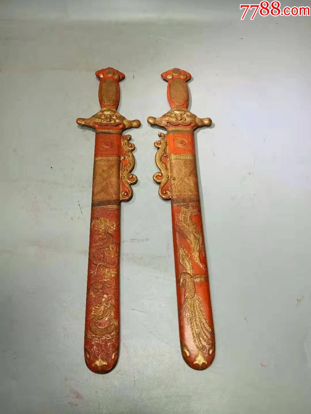 老墨洒金朱砂墨龙凤双剑一对辟邪旺运