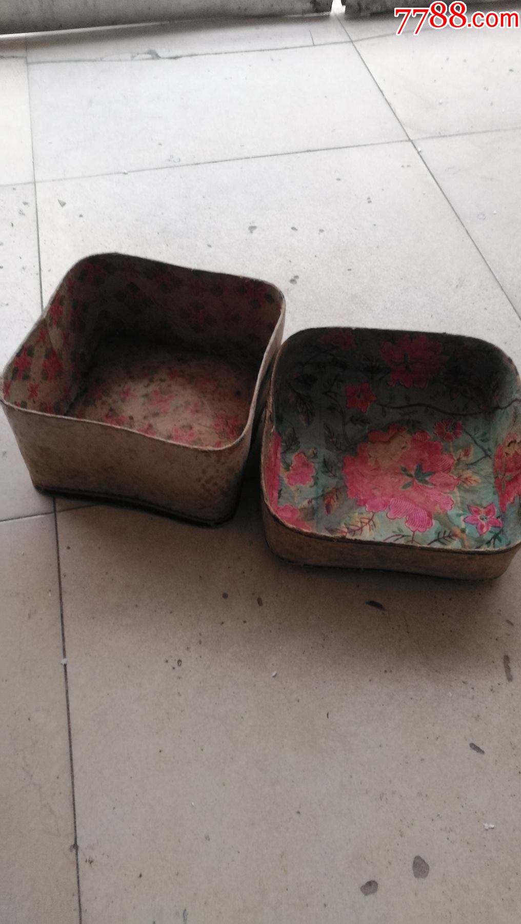 建国初手工彩绘花卉图案花纸糊方盖盒民俗真品老货