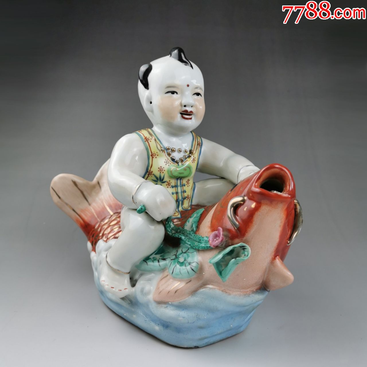 年年有余瓷雕塑骑鱼娃娃