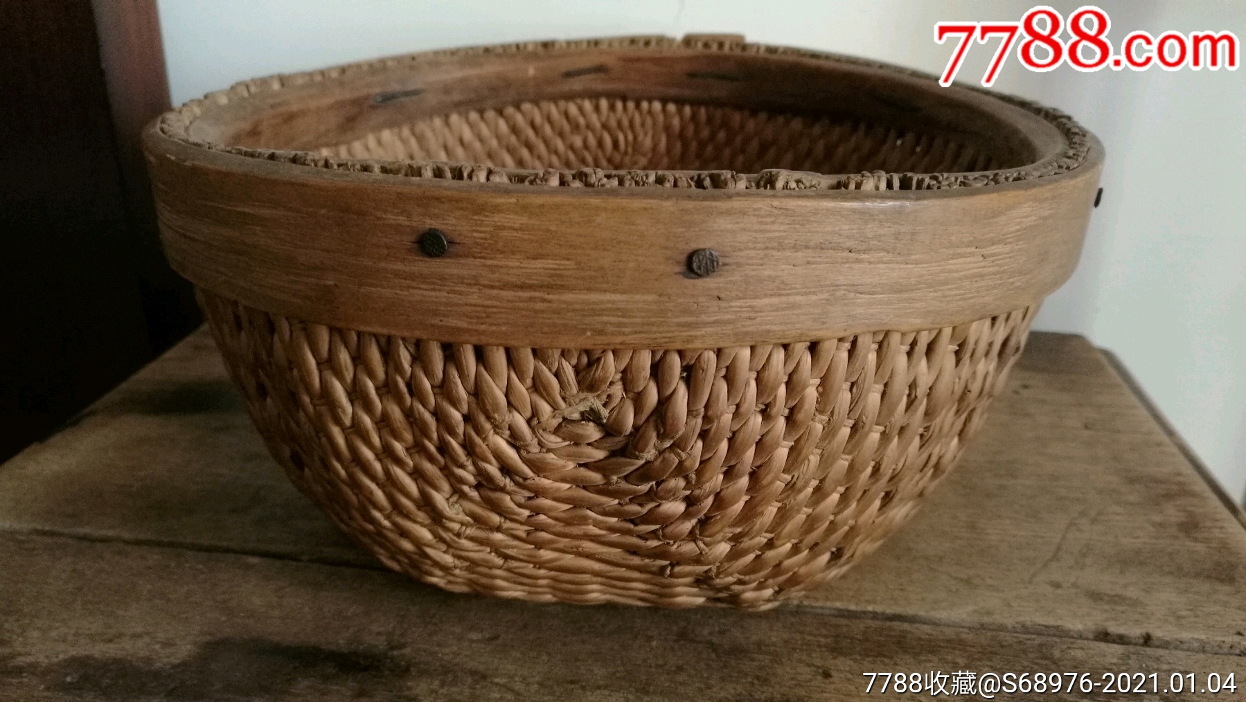 老针线笸箩,民俗收藏,影视道具,怀旧摆设,品如图,包浆自然_植物编织