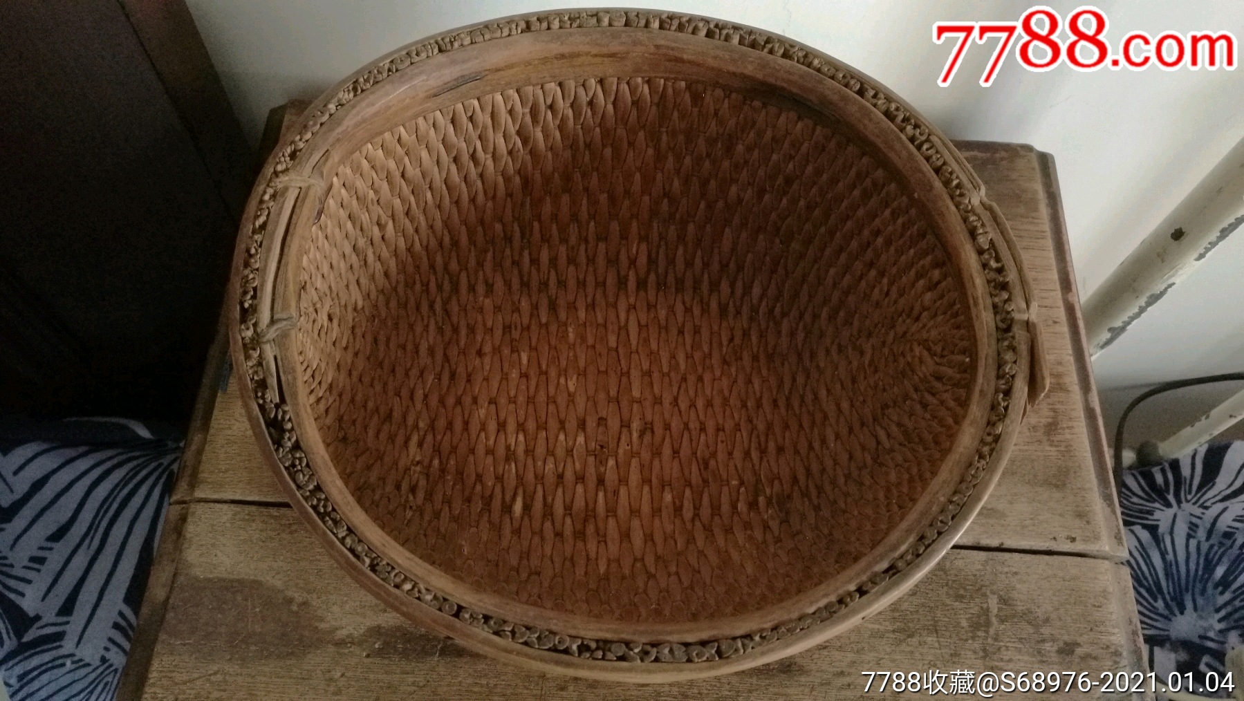 老针线笸箩,民俗收藏,影视道具,怀旧摆设,品如图,包浆自然_植物编织