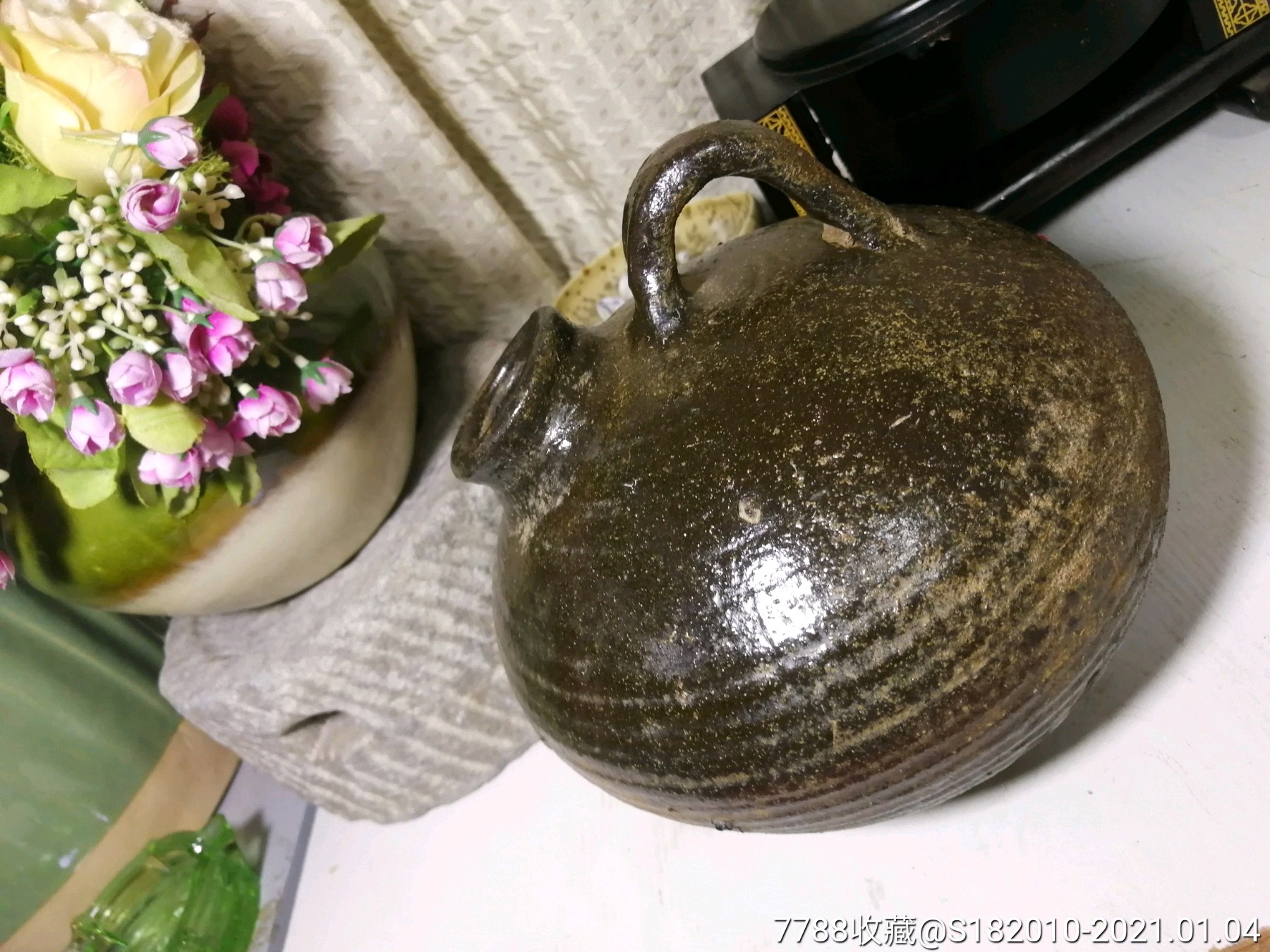 老物件!清代马口窑,灰陶夜壶,虎子,老民俗收藏,高17长20口径5公分!