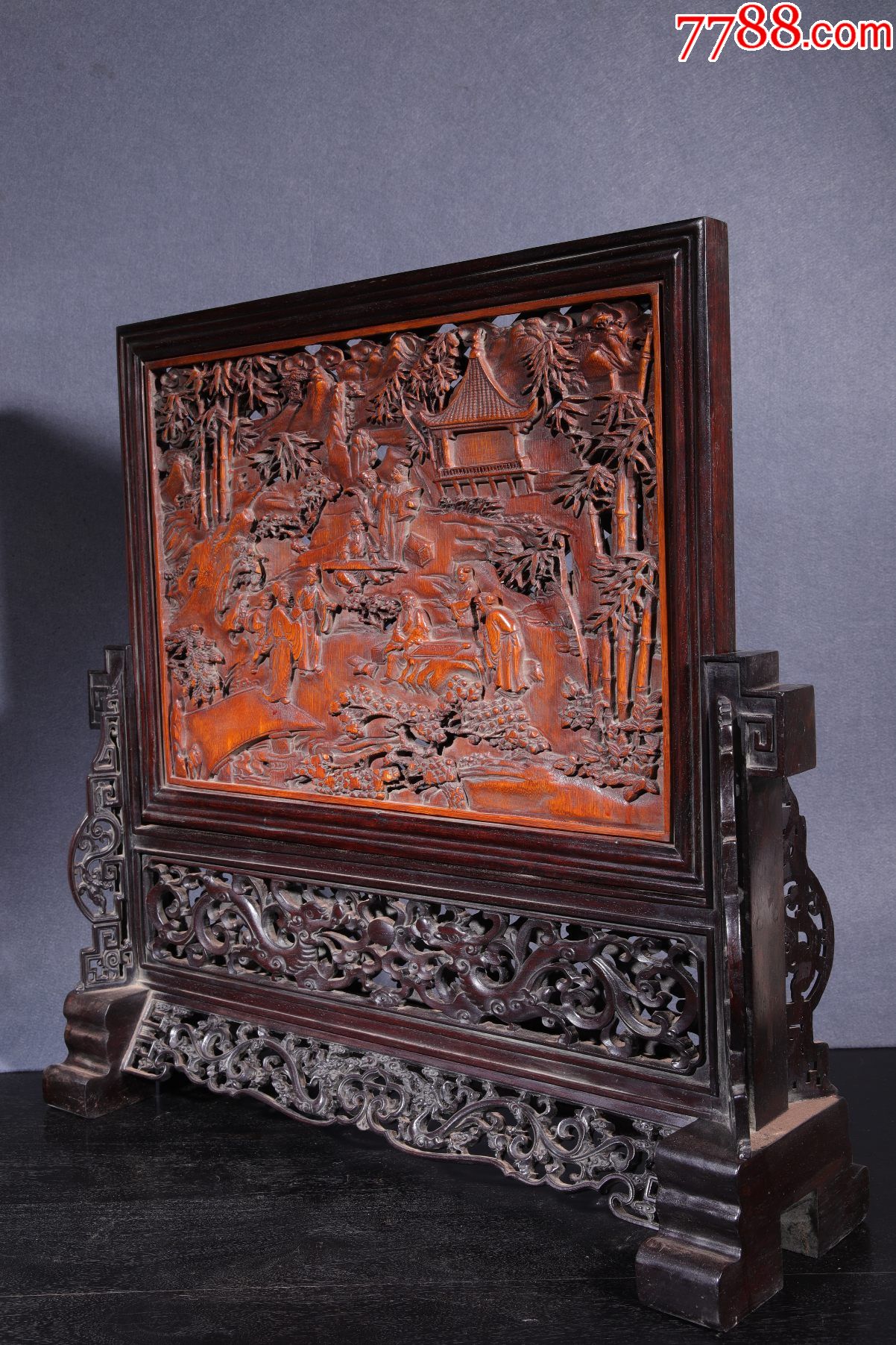 黄杨木竹林七贤插屏(底座紫檀)尺寸:27x17x16cm_木屏风_第5张_7788