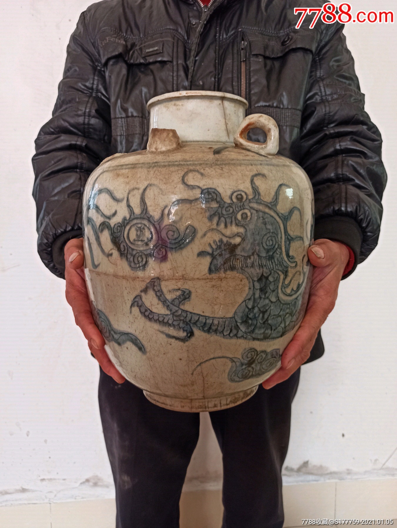 清早期青花四爪龙四系特大号提壶大尺寸高33.3口径11底径14厘米.