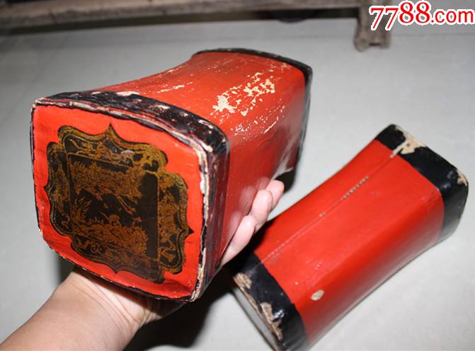 明清朱红大漆牛皮枕