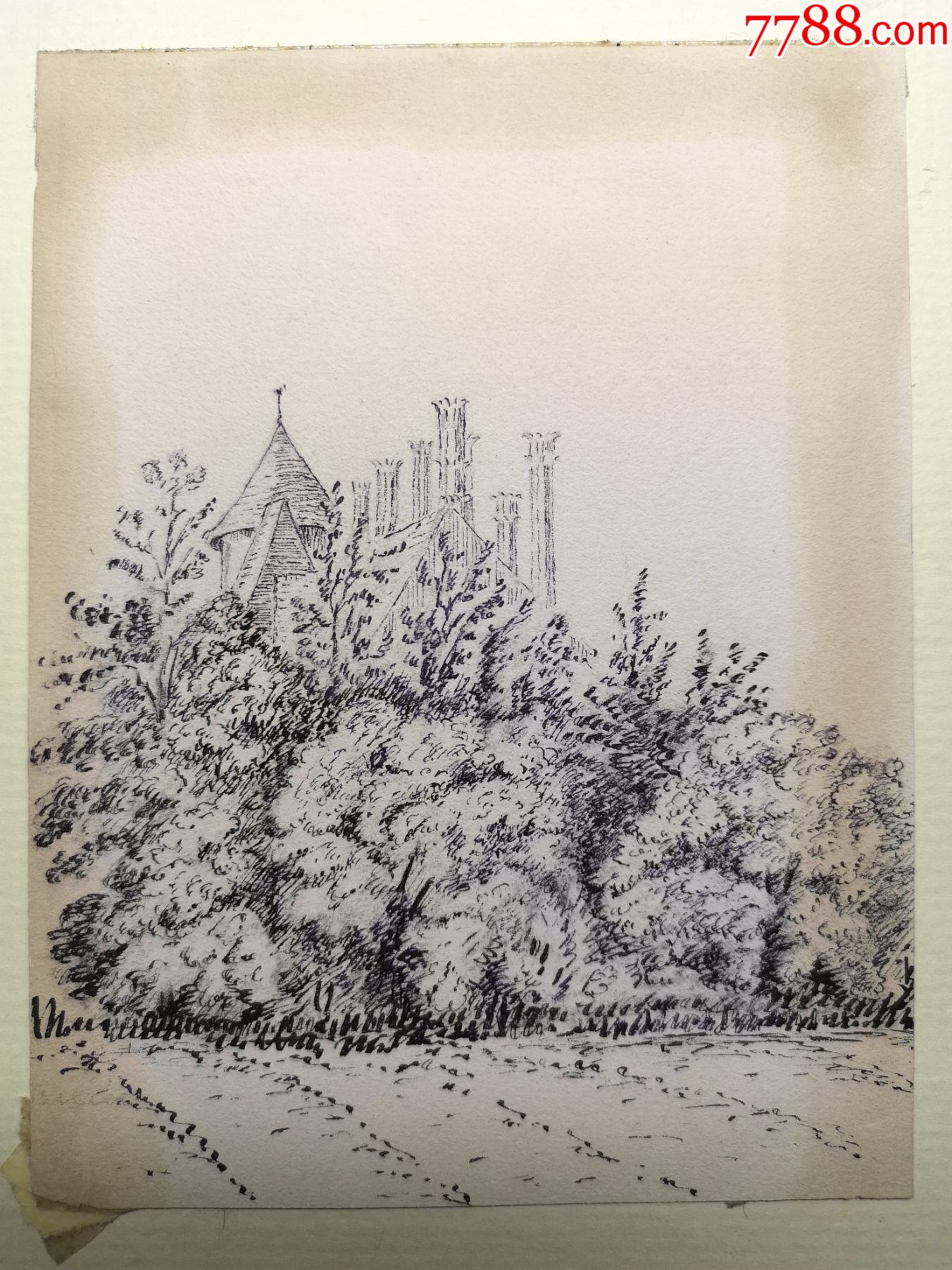 十九世纪钢笔手绘版画底稿原稿《树丛后的乡间别墅》包老包真-素描