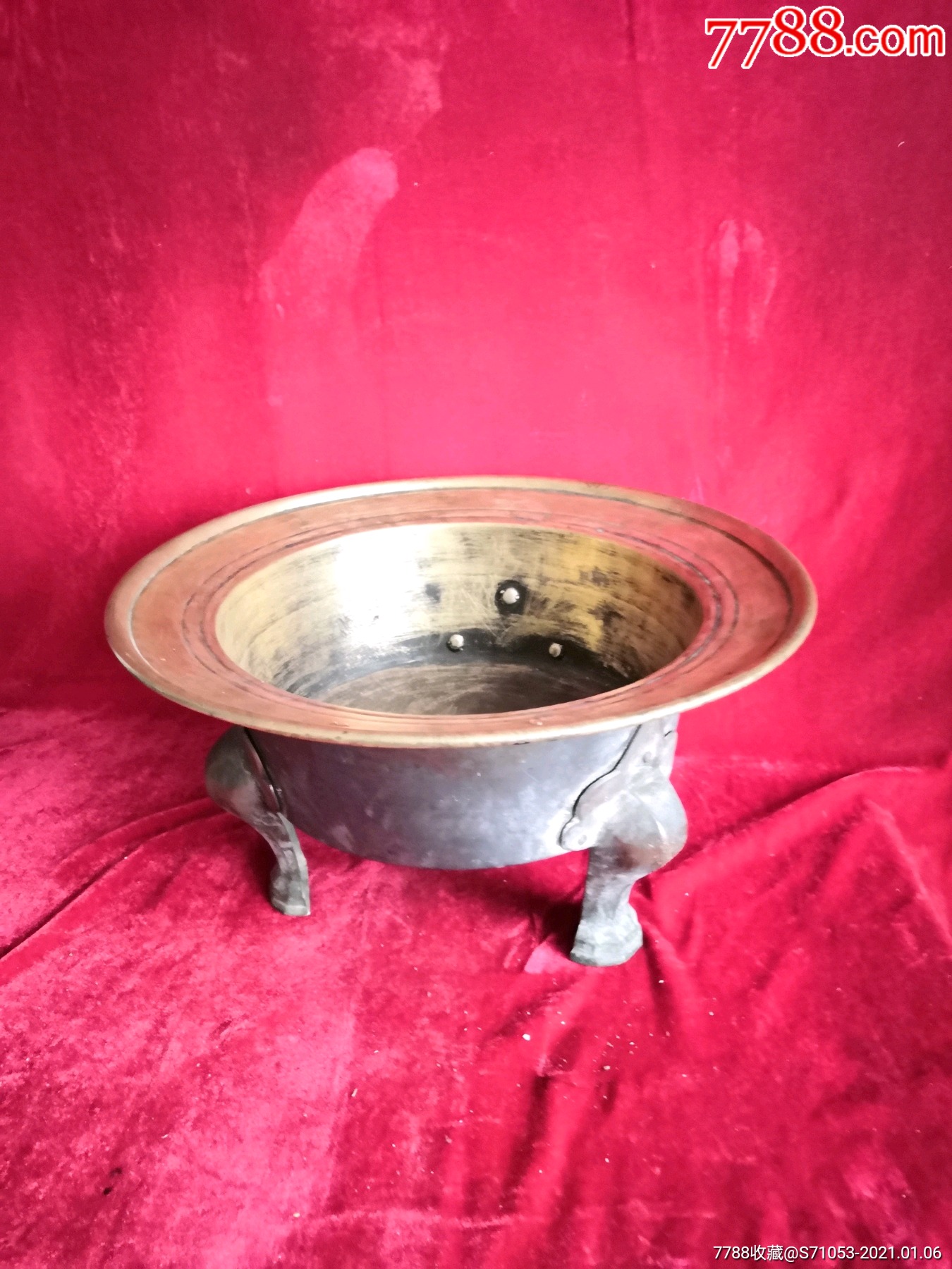 朝鲜铜火盆/高丽铜火盆/朝鲜李朝黄铜三足火盆-铜皿/盛具-7788收藏