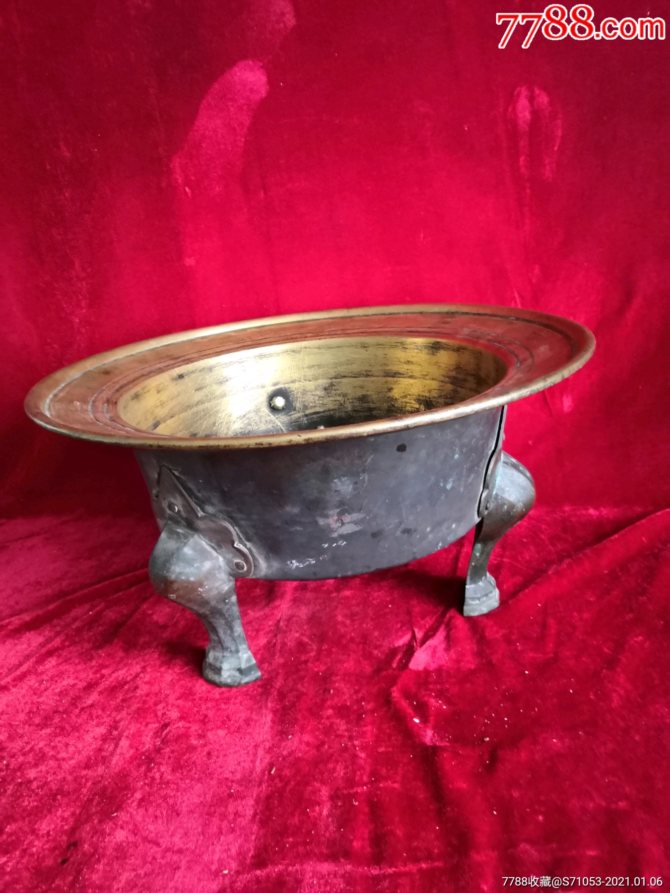 朝鲜铜火盆/高丽铜火盆/朝鲜李朝黄铜三足火盆-铜皿/盛具-7788收藏