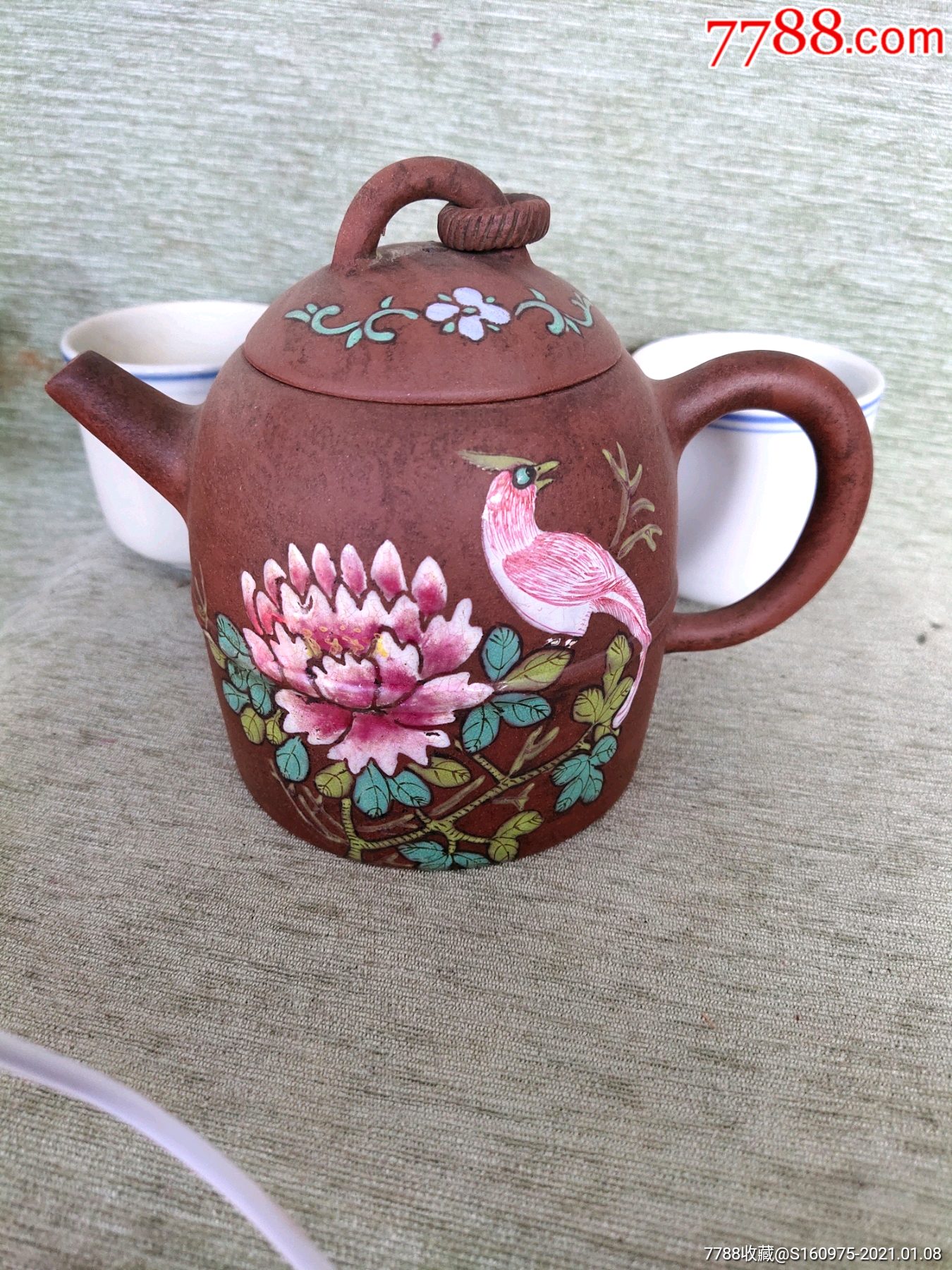 商品名称:漂亮清代紫砂挂釉彩绘绶带牡丹权形紫砂壶,长命富贵,时大彬