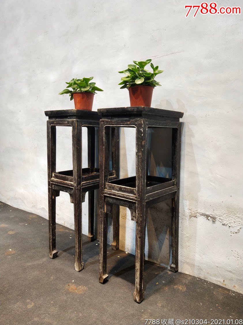 清代老榆木花架一对,纯手工雕刻起线,全品包老无松动,尺寸品相如图-木