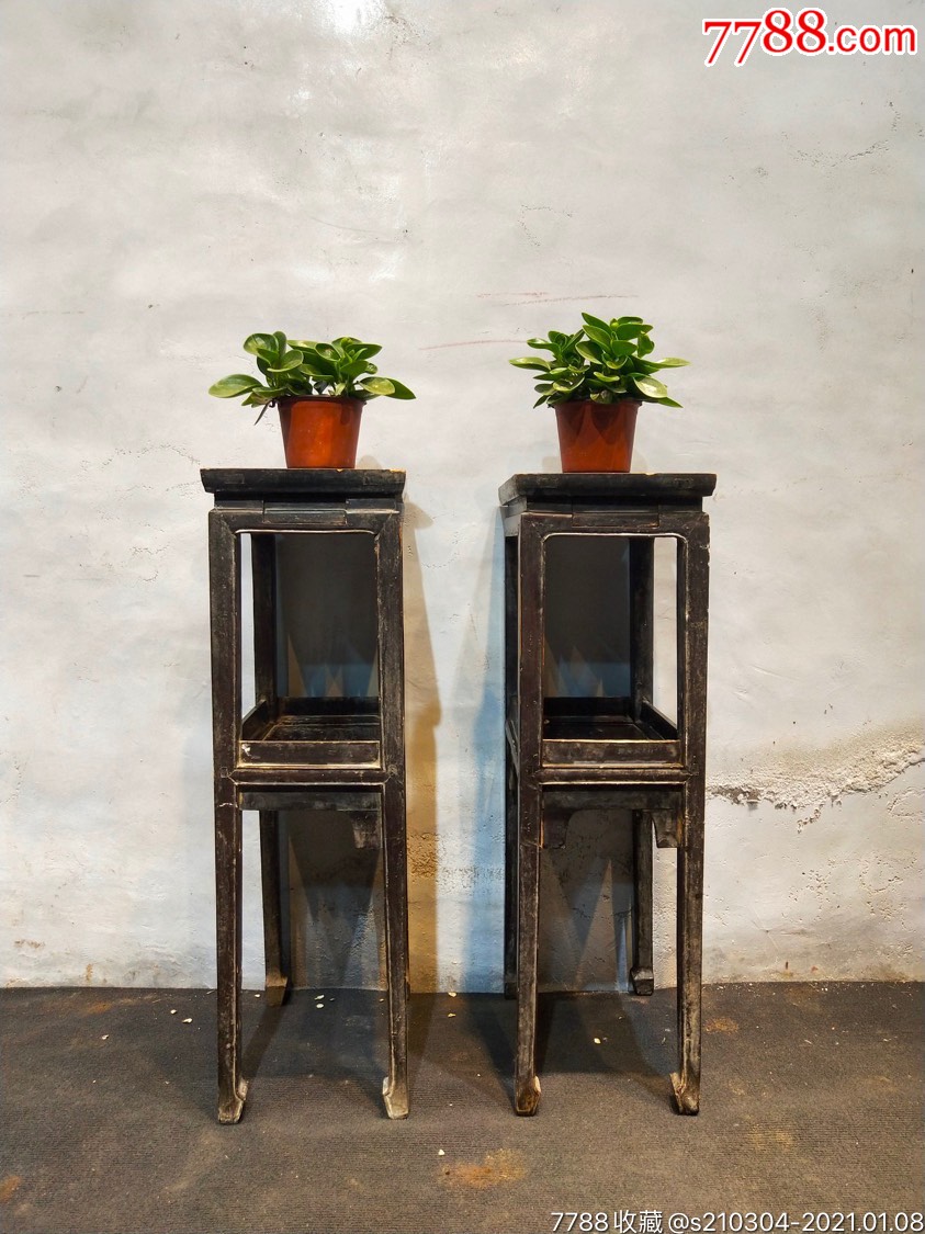 清代老榆木花架一对,纯手工雕刻起线,全品包老无松动,尺寸品相如图-木